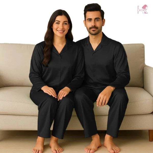 Black Couple Silk Pajama Set – Classic Satin Nightsuit - Image 2