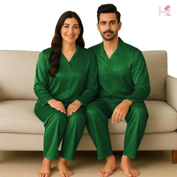 Bottle Green Couple Silk Pajama Set – Classic Satin Nightsuit - Image 2