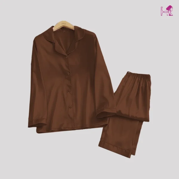 Chocolate Brown Silk Pajama Set – Elegant Satin PJ Set for Women in Pakistan - Image 2