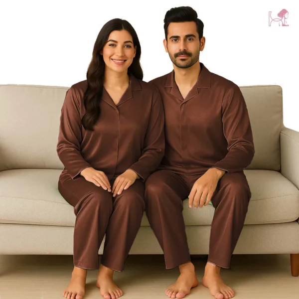 Chocolate Brown Couple Pajama Set – Luxurious Silk Nightsuit - Image 2
