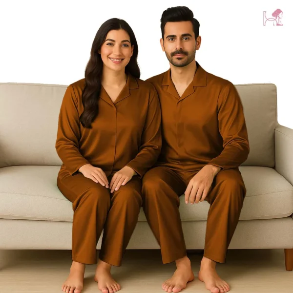 Dark Gold Couple Silk Pajama Set – Elegant Satin Nightsuit - Image 2