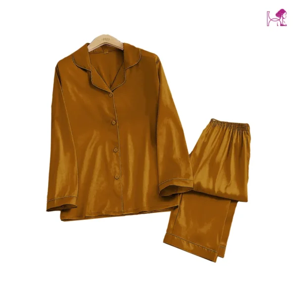 Dark Gold Silk Pajama – Luxurious Satin PJ Set - Image 2