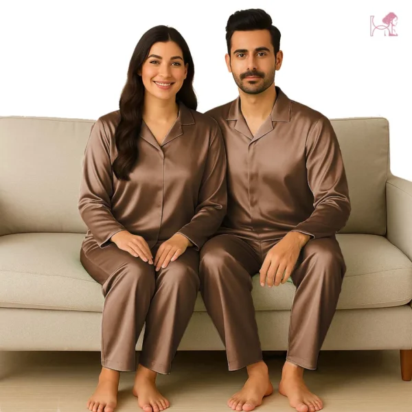 Gold Couple Silk Pajama Set – Luxurious Satin Nightsuit - Image 2