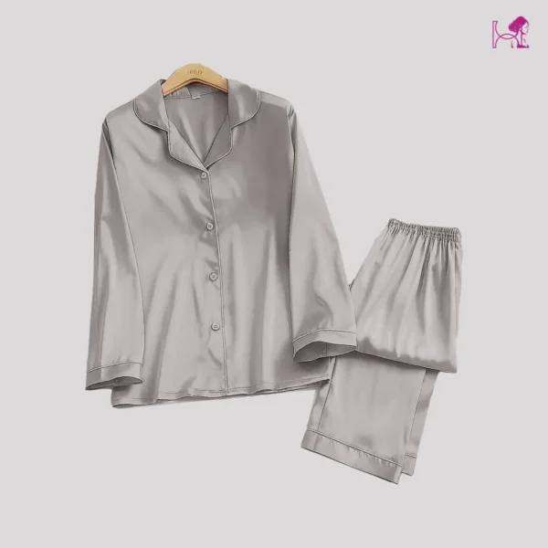 Grey Silk Pajama – Classic Silk PJ Set - Image 2