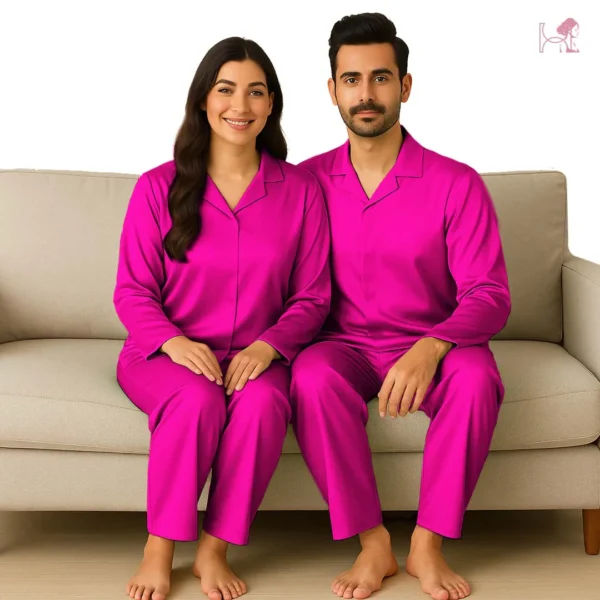Hot Pink Couple Silk Pajama Set – Bold Satin Nightsuit - Image 2
