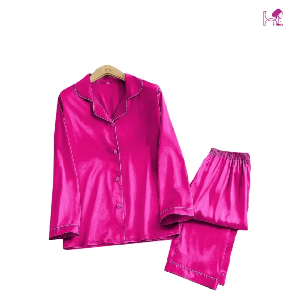 Hot Pink Silk Pajama – Vibrant Satin PJ Set - Image 2