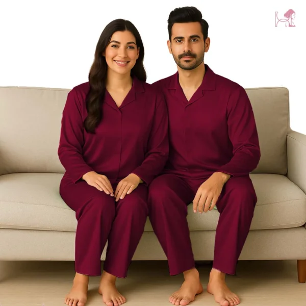 Maroon Silk Couple Pajama Set – Luxurious Satin Nightsuit - Image 2