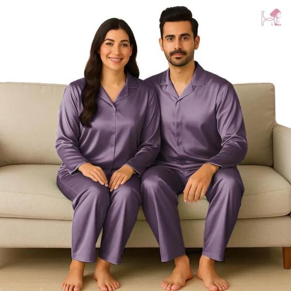 Mauve Silk Couple Pajama Set – Elegant Satin Nightsuit - Image 2