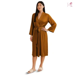 Model 1 in Dark Gold Silk Robe for Women