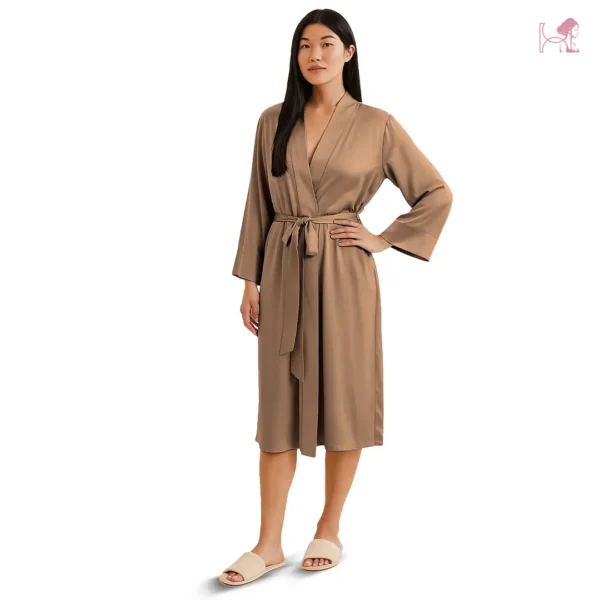 Model 1 in Gold Brown Silk Robe for Women