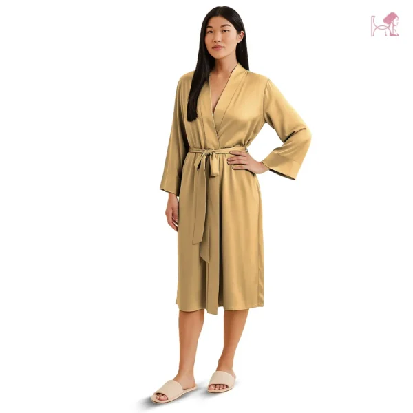 Model 1 in Gold Silk Robe for Women