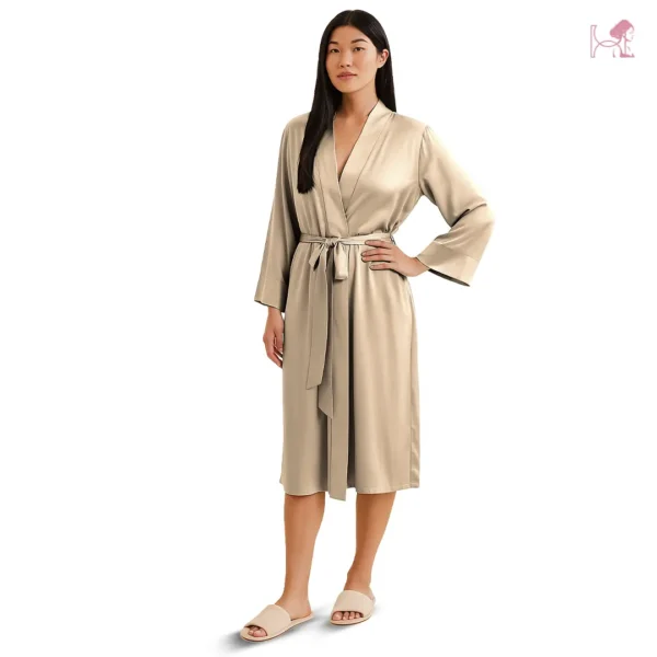 Model 1 in Light Gold or Beige Silk Robe for Women