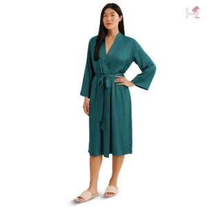 Model 1 in Ocean Green Silk Robe for Women