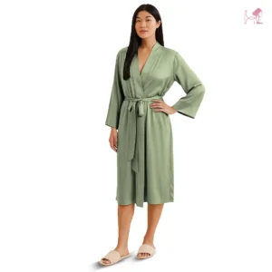 Model 1 in Olive Green Silk Robe for Women