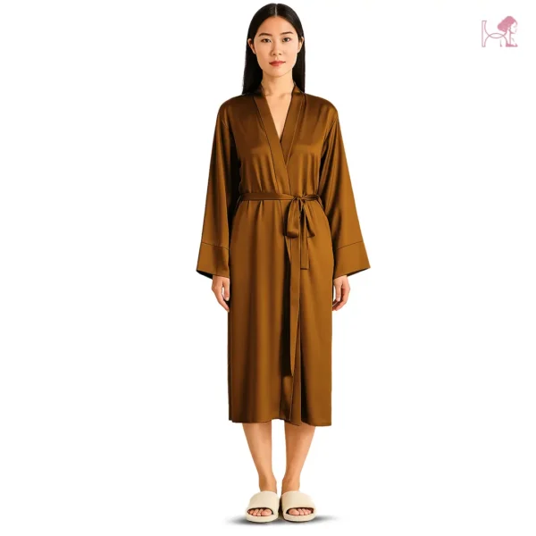 Model 2 in Dark Gold Silk Robe for Women