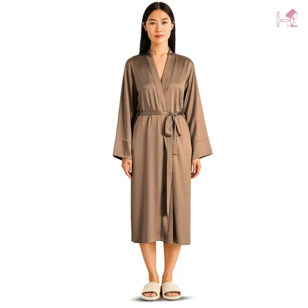 Model 2 in Gold Brown Silk Robe for Women