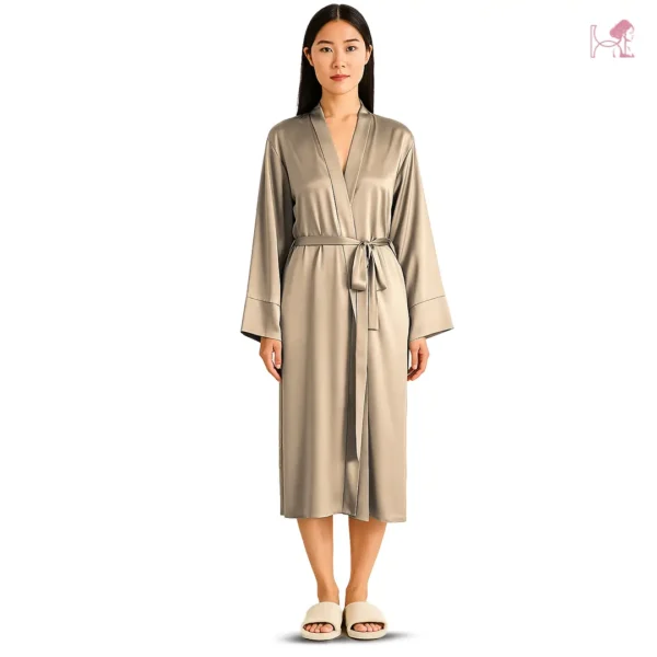 Model 2 in Light Gold or Beige Silk Robe for Women