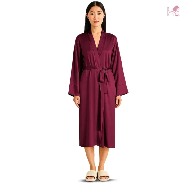 Model 2 in Maroon Silk Robe for Women