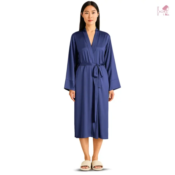 Model 2 in Navy Blue Silk Robe for Women