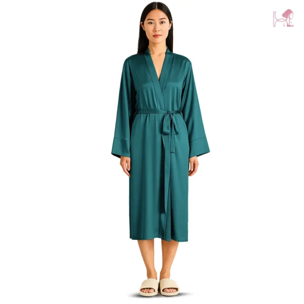 Model 2 in Ocean Green Silk Robe for Women