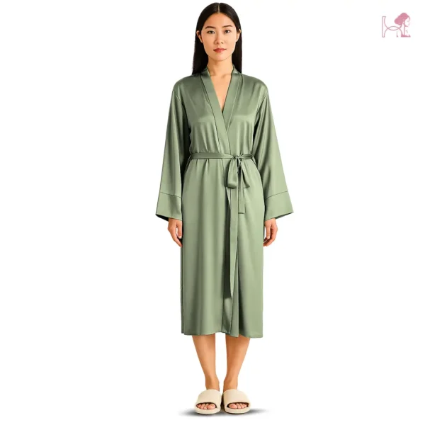 Model 2 in Olive Green Silk Robe for women