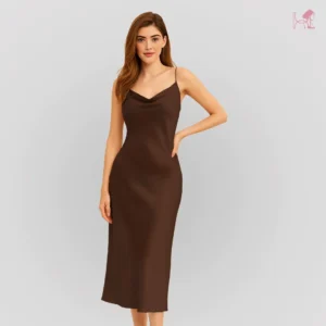 Model in Chocolate Brown Long Cami Set