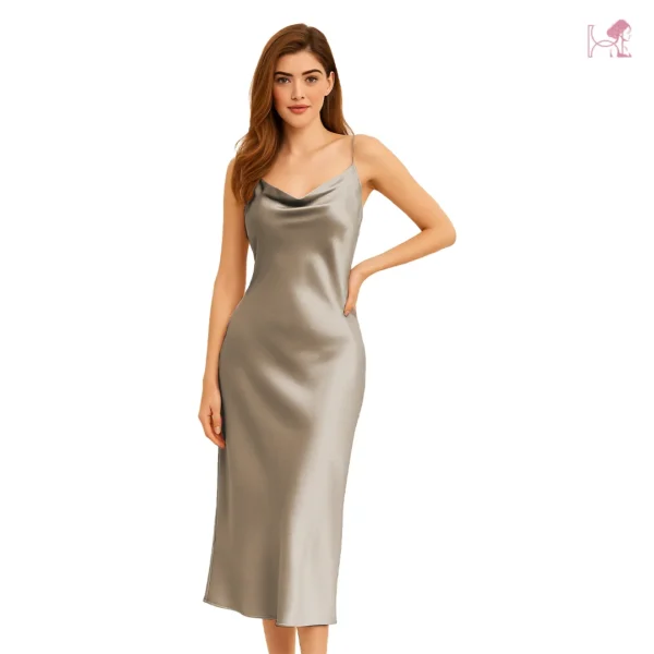 Model in Light Gold Long Cami Set - Beige Long Cami Dress