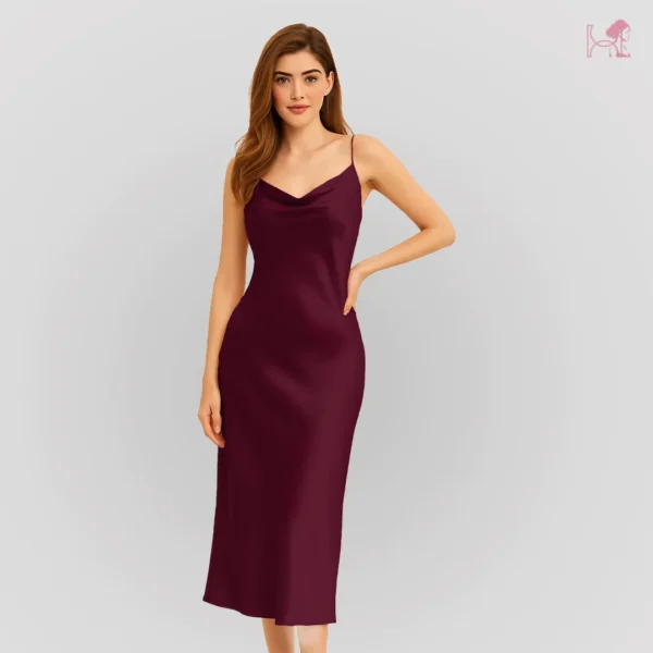 Model in Maroon Long Cami Dress Set