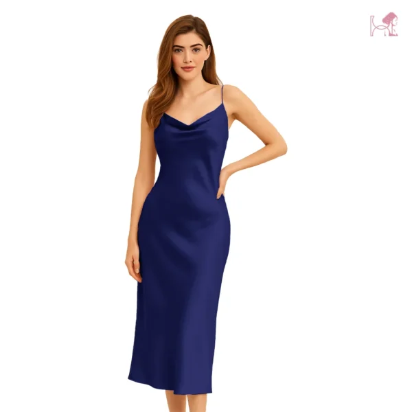 Model in Navy Blue Long Cami Dress Set