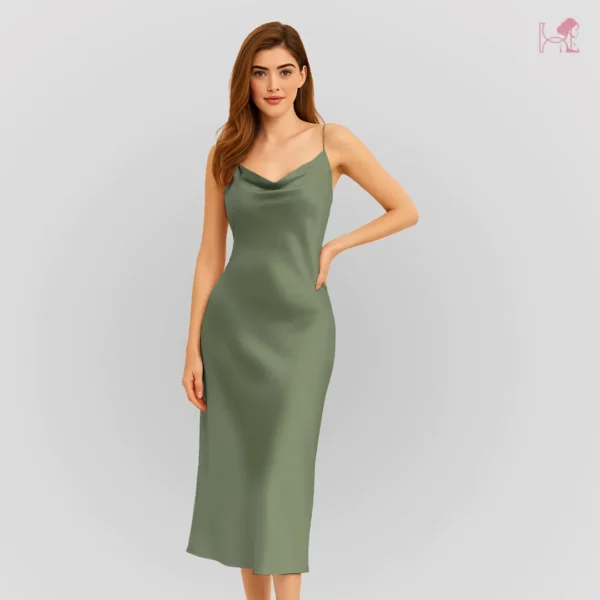 Model in Olive Green Long Cami Dress Set