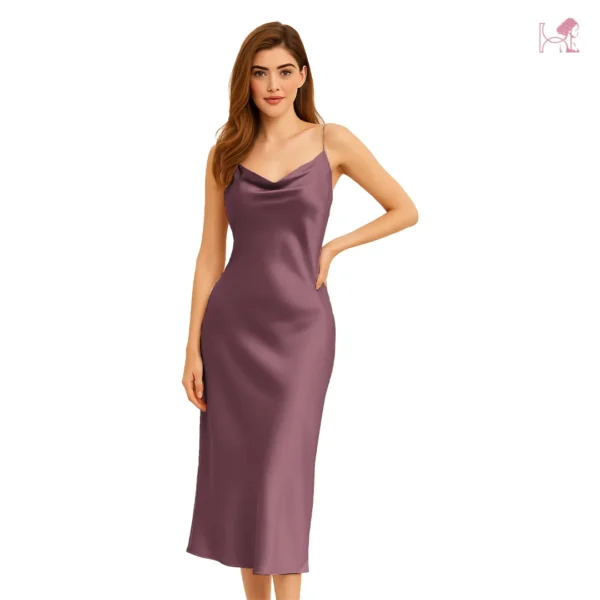 Model in Tea Pink Long Cami Dress Set
