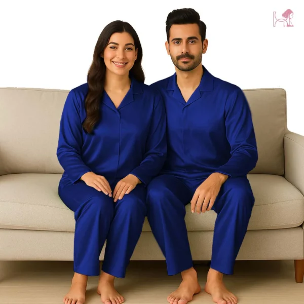 Night Blue Silk Couple Pajama Set – Premium Satin Nightsuit - Image 2