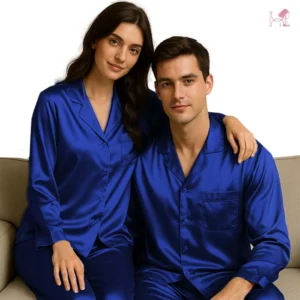 Night Blue Silk Couple pajama Set