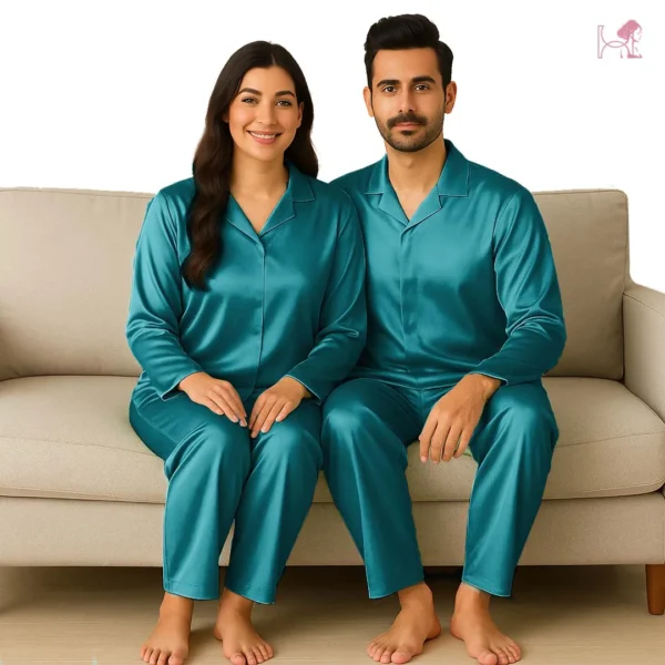 Ocean Green Silk Couple Pajama Set – Elegant Satin Nightsuit - Image 2