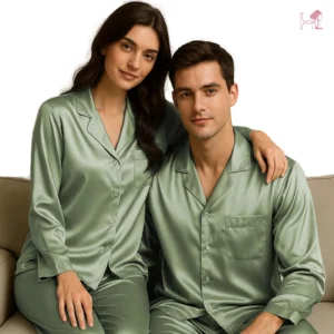 Olive Green Silk Couple pajama Set