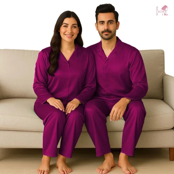 Purple Silk Couple Pajama Set – Romantic Satin Nightsuit - Image 2