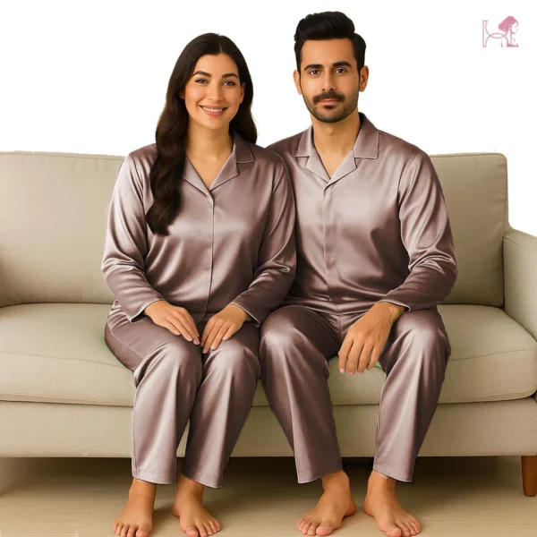 Rose Gold Silk Couple Pajama Set – Elegant Satin Nightsuit - Image 2