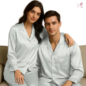 White Silk Couple Nightwear Set Image 3