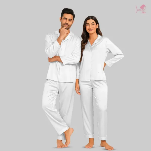 White Silk Couple Pajama Set – Timeless Satin Nightsuit - Image 2