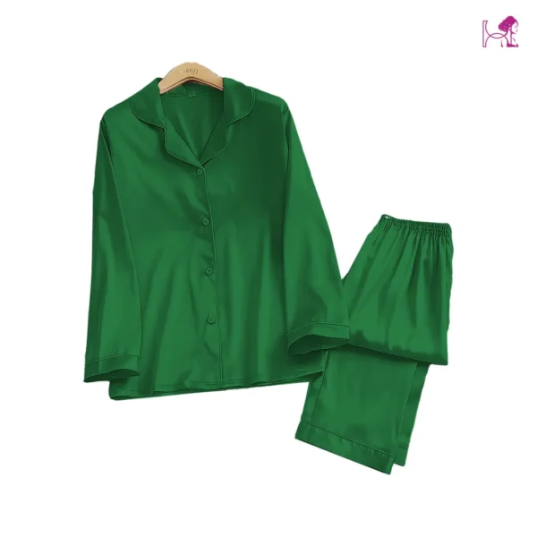 Bottle Green Silk Pajama – Elegant Satin PJ Set - Image 2